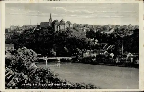 Ak Leisnig in Sachsen, die Stadt auf dem Berge, Brücke, Panorama, Kirche