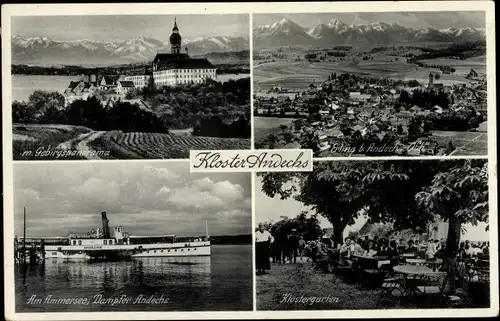 Ak Andechs am Ammersee, Kloster Andechs, Gebirgspanorama, Ammersee, Dampfer, Klostergarten