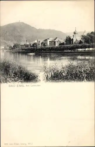 Ak Bad Ems an der Lahn, Am Lahnufer, Sicht über Fluss, Panorama, Turm