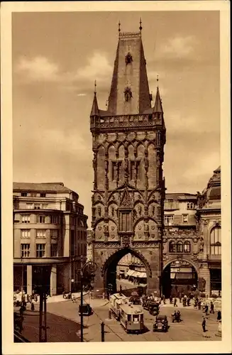 Ak Praha Prag Tschechien, Pulverturm, Straßenbahn