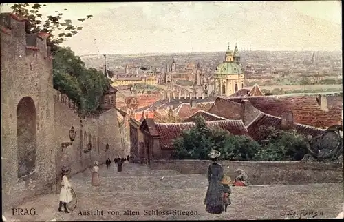 Künstler Ak Jansa, Praha Prag Tschechien, Ansicht von altem Schloss-Stiegen