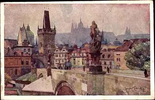 Künstler Ak Setelík, Jaroslav, Praha Prag, Karlsbrücke, Kleinseite, Panoramaansicht