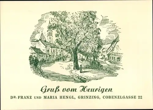 Ak Wien 19 Döbling Grinzing, Gruß vom Heurigen, Dr. Franz und Maria Hengl, Cobenzlgasse 22, Baum