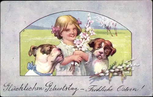 Künstler Ak Feiertag, Karl, Mädchen mit Bulldoggen, Blumen, Frohe Ostern, Geburtstagsglückwunsch