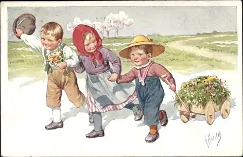 Künstler Ak Feiertag, Karl, Kinder mit Blumenkarren
