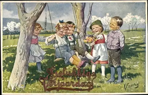 Künstler Ak Feiertag, Karl, Geburtstagsglückwünsche, Kinder schaukeln, Gäste, BKWI 4618-4