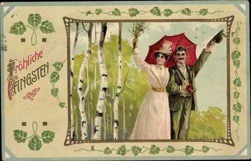 Präge Passepartout Ak Glückwunsch Pfingsten, Liebespaar, Spaziergang, Birken
