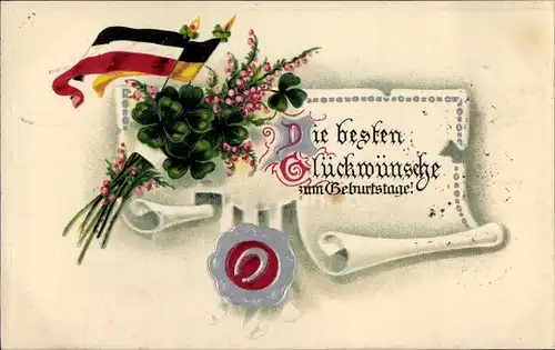 Präge Ak Glückwunsch Geburtstag, Blumen, Glücksklee, Waffenbrüderschaft
