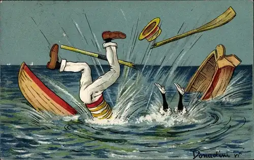 Künstler Ak Donadini, A. E., Ruderboot am Versinken, Menschen im Wasser