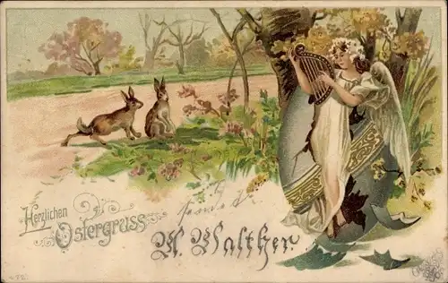 Litho Glückwunsch Ostern, Engel spielt Harfe, Osterhasen
