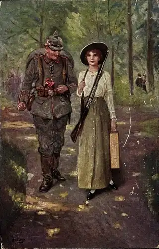 Künstler Ak Deutscher Soldat in Uniform, Frau mit Gewehr, Wald, Spaziergang