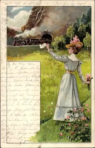 Litho Deutsche Eisenbahn, Frau winkt zum Abschied, Tunnel