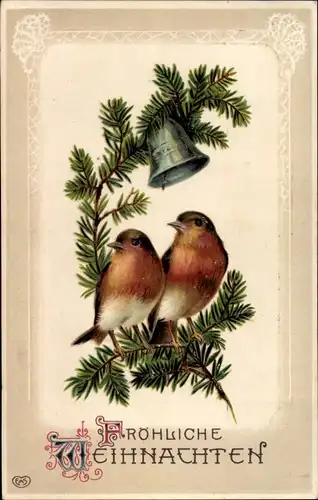 Ak Glückwunsch Weihnachten, Vögel, Glocken, Tannzweige