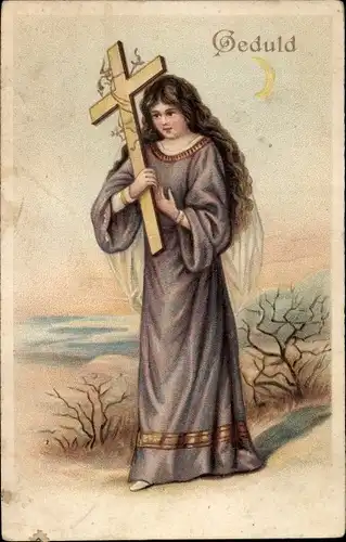 Präge Litho Geduld, Frau mit Kreuz, Portrait, Allegorie