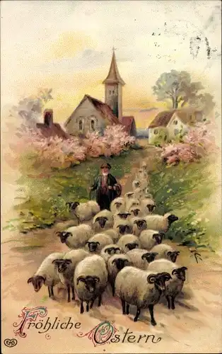 Ak Glückwunsch Ostern, Ortsansicht, Schafe