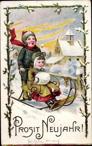 Ak Glückwunsch Neujahr, Kinder fahren Schlitten