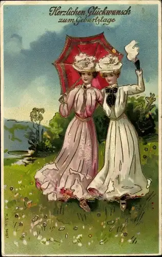 Ak Glückwunsch Geburtstag, Frauen auf einer Wiese, Sonnenschirm