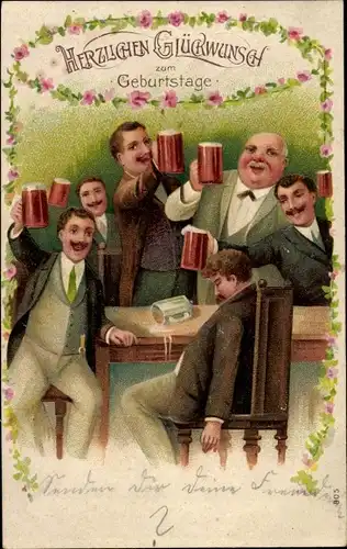 Präge Ak Glückwunsch Geburtstag, Männer trinken Bier, Betrunkener