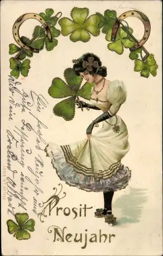 Präge Ak Glückwunsch Neujahr, Frau, Glücksklee, Hufeisen