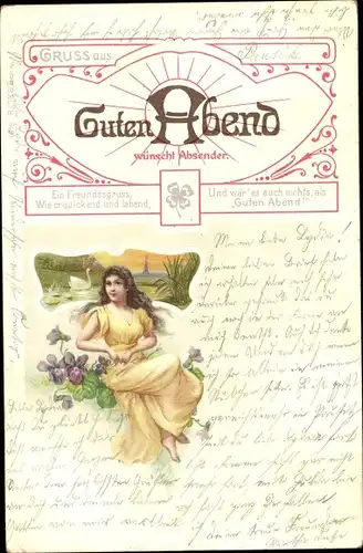 Litho Guten Abend wünscht Absender, Mädchen, Veilchen, Schwan, Kitsch
