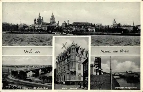 Ak Mainz am Rhein, Panorama, Straßenbrücke, Dampferanlegegstelle, Hotel Bavaria