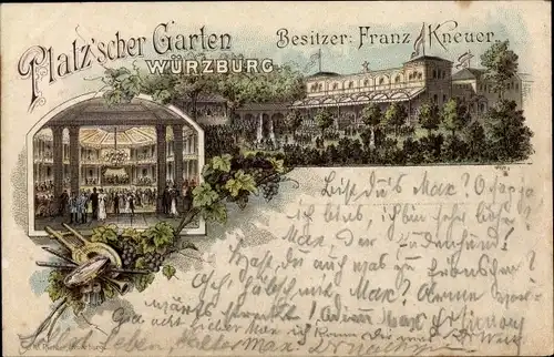 Litho Würzburg am Main Unterfranken, Gasthaus Platz'scher Garten, Innenansicht