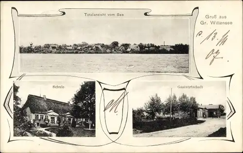 Ak Groß Wittensee in Schleswig Holstein, Totalansicht vom See, Schule, Gastwirtschaft