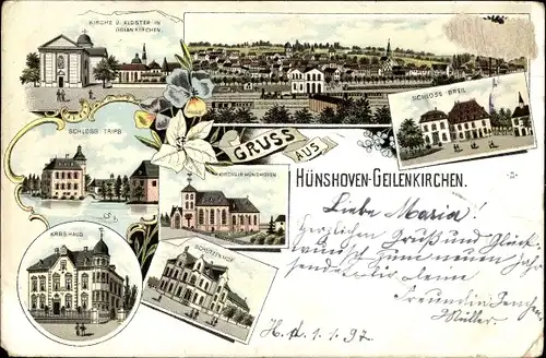 Litho Hünshoven Geilenkirchen, Schloss Trips, Schloss Breill, Kreishaus, Kirche, Schützenhof
