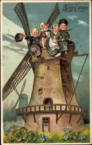 Präge Ak Glückwunsch Neujahr, Windmühle, Niederländische Trachten
