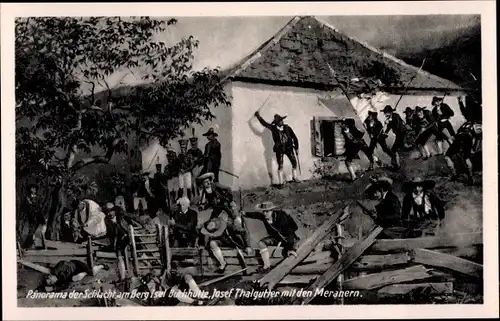 Ak Innsbruck, Panorama der Schlacht am Berg Isel, Buchhütte, Josef Thalgutler m. d. Meranern