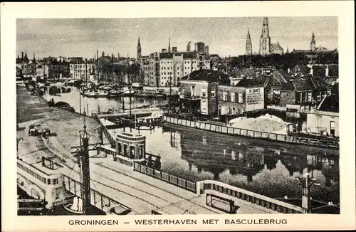 Ak Groningen Niederlande, Westerhaven met Basculebrug