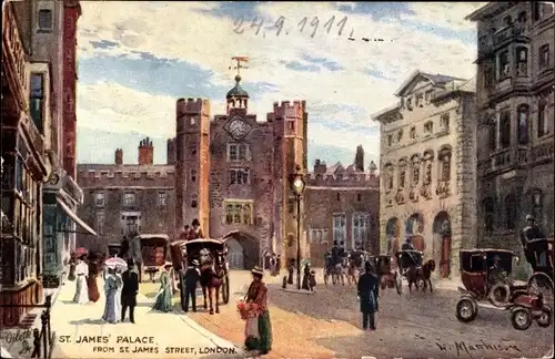 Künstler Ak London City England, St. James Palace from St. James Street, Kutschen