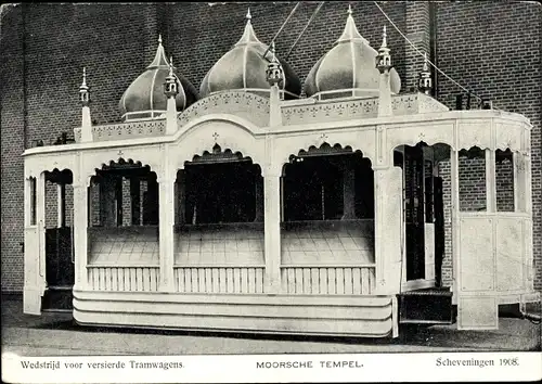 Ak Scheveningen Den Haag Südholland, Moorsche Tempel, Wedstrijd vor versierde Tramwagens