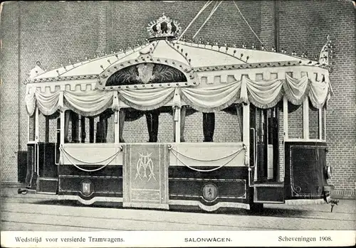Ak Scheveningen Den Haag Südholland, Salonwagen, Wedstrijd vor versierde Tramwagens