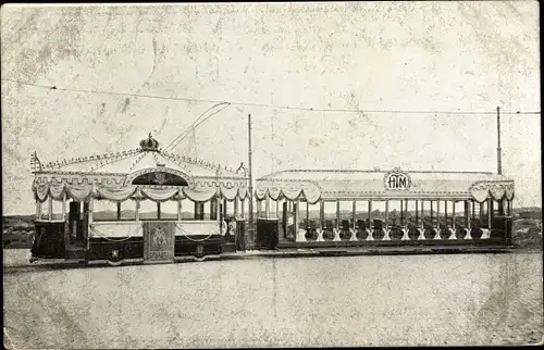 Ak Scheveningen Den Haag Südholland, De Salonwaggen met Aanhangwagen, geschmückte Straßenbahn