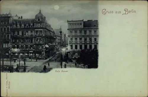 Mondschein Ak Berlin Mitte, Cafe Bauer, Unter den Linden Ecke Friedrichstraße