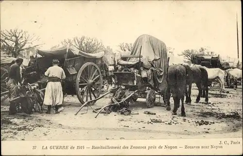 Ak Noyon Oise, Ravitaillement des Zouaves, Pferdekarren, 1. Weltkrieg
