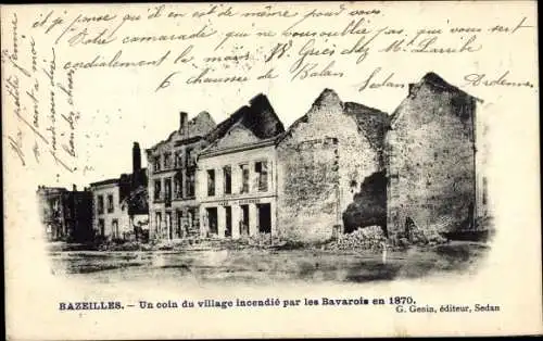 Ak Bazeilles Ardennes, un coin du village incendie par les Bavarois en 1870, Ruinen