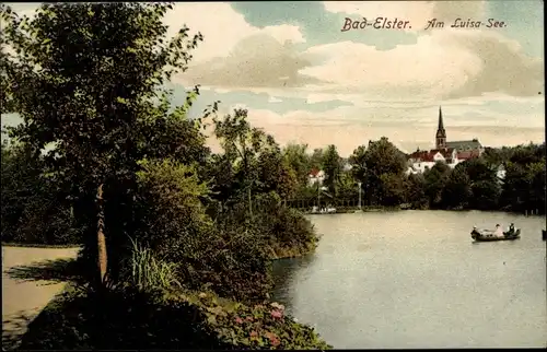 Ak Bad Elster im Vogtland, Am Luisa-See, Bootsfahrt, Kirchturm