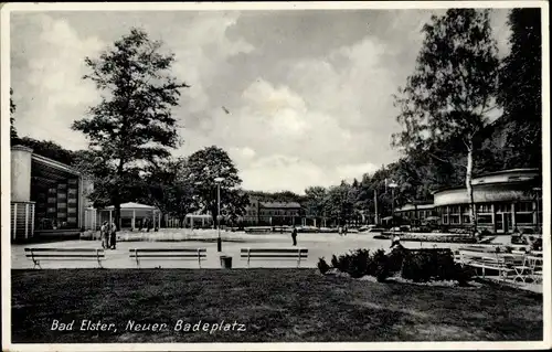 Ak Bad Elster im Vogtland, Neuer Badeplatz, Bänke, Pavillon