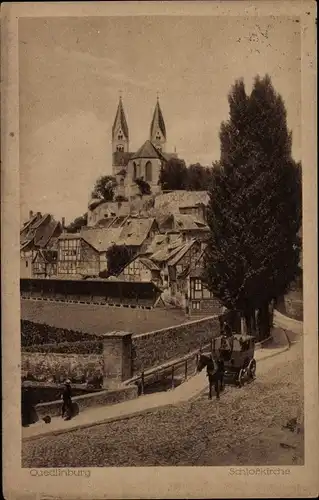 Ak Quedlinburg im Harz, Schlosskirche, Pferdekutsche, Brücke