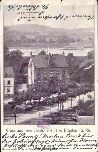 Ak Braubach am Rhein, Charlottenstift, Panorama mit Fluss, Schiff