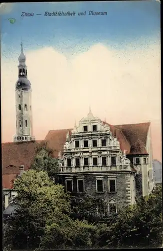 Ak Zittau in Sachsen, Stadtbibliothek und Museum, Turm