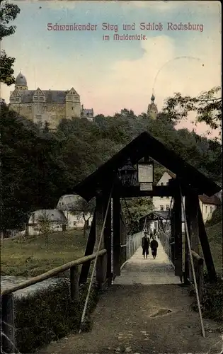 Ak Rochsburg Lunzenau in Sachsen, Schwankender Steg und Schloß, Kinder, Tor