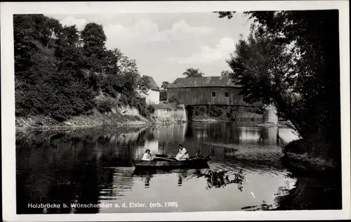 Ak Wünschendorf an der Elster, Holzbrücke, Ruderboot