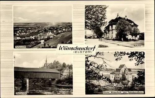 Ak Wünschendorf an der Elster, Teilansicht, Bahnhof, Holzbrücke, Kloster Mildenfurth
