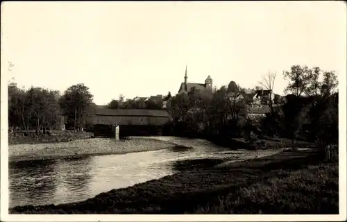 Ak Wünschendorf an der Elster, alte Holzbrücke mit Veitskirche