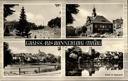 Ak Ronneburg Thüringen, Schwimmbad, Rathaus, Baderteich, Schloss