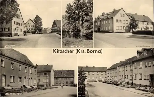 Ak Kitzscher Kreis Borna, Teich im Park, Landambulatorium, Straßenansichten