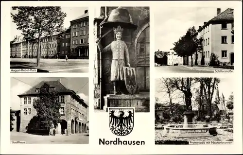 Ak Nordhausen am Harz, August Bebel Platz, Roland, Stadthaus, Promenade mit Neptunbrunnen